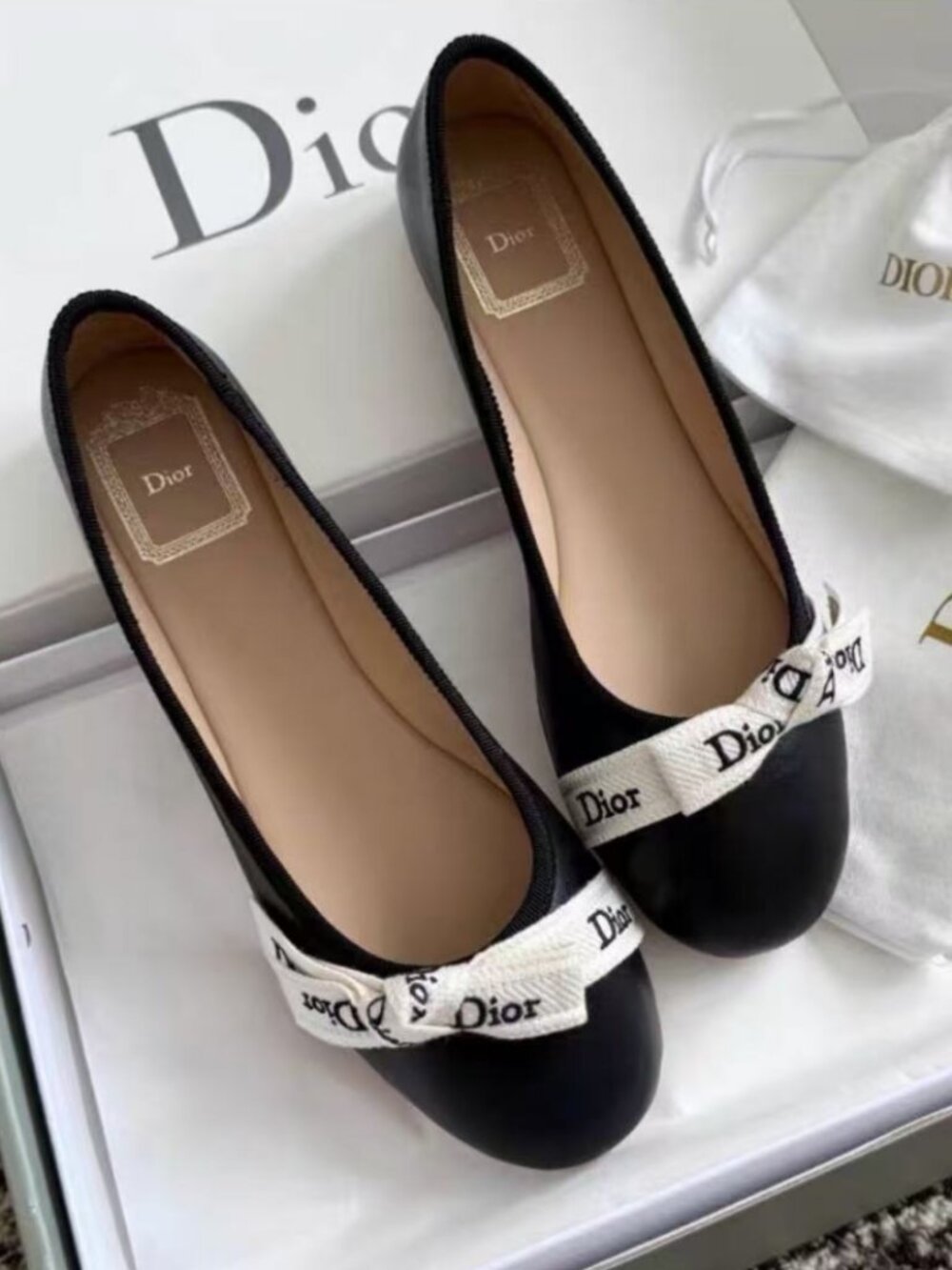 Dior Black Leather Logo Ribbon Bow Ballet Flats